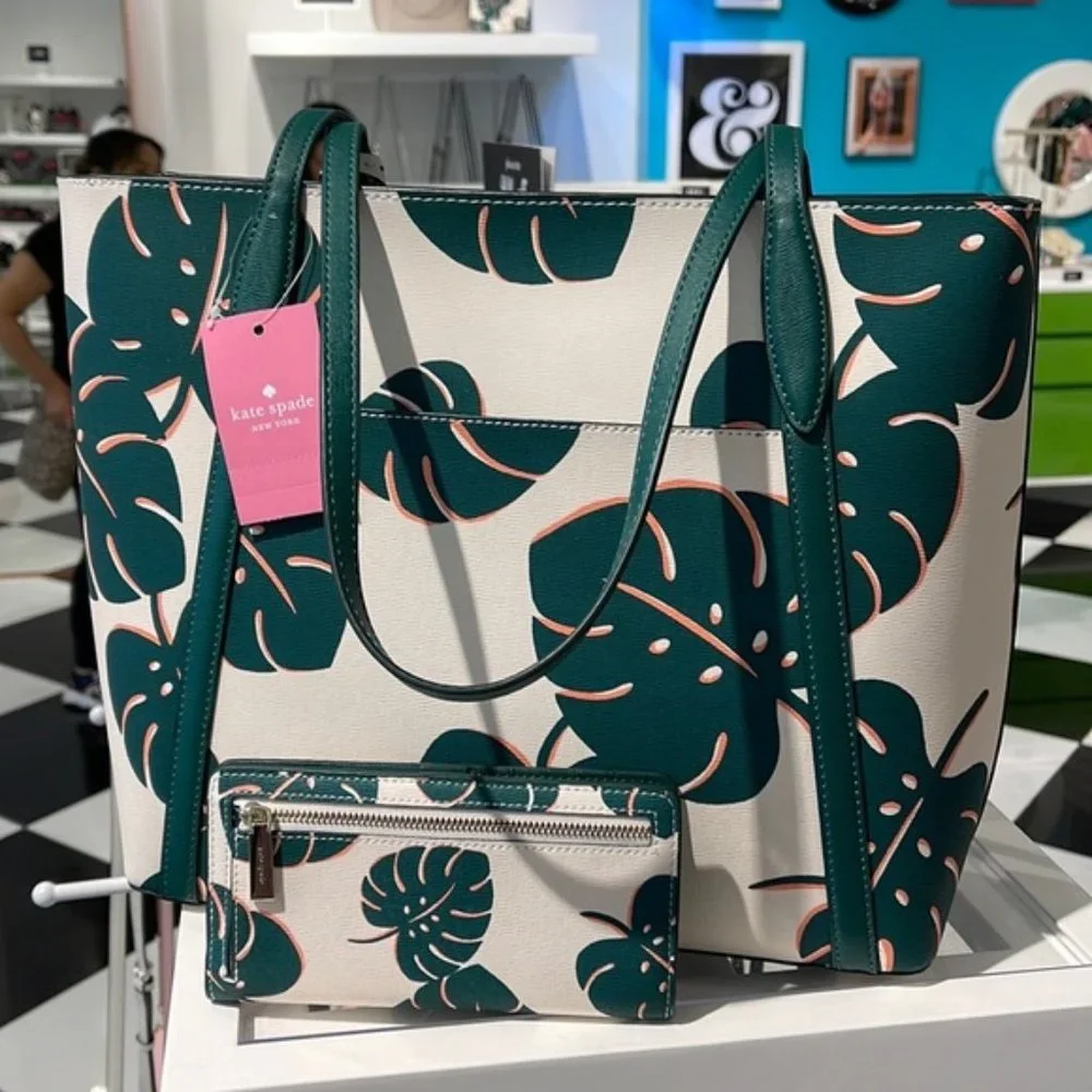 Kate Spade Cara Large Tote Monstera Leaves & Large Slim Bifold Wallet Cream Mult - Picture 8 of 16